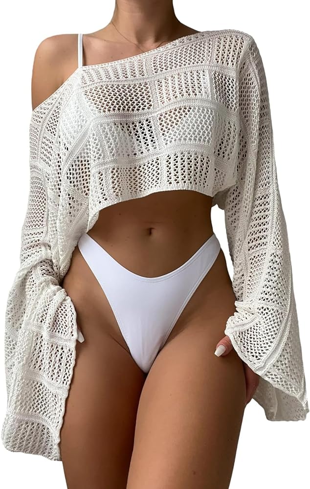 Bathing Suit Cover Ups for Women, Women's Off The Shoulder Hollow Out Top Long Sleeve Swimwear Beach Bikini