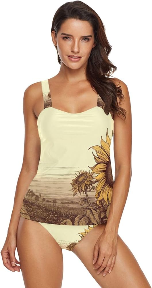 Vintage Sunflowers Tankini Bathing Suits for Women Tummy Control Two Piece Tankini Swimsuit with Bikini Bottom