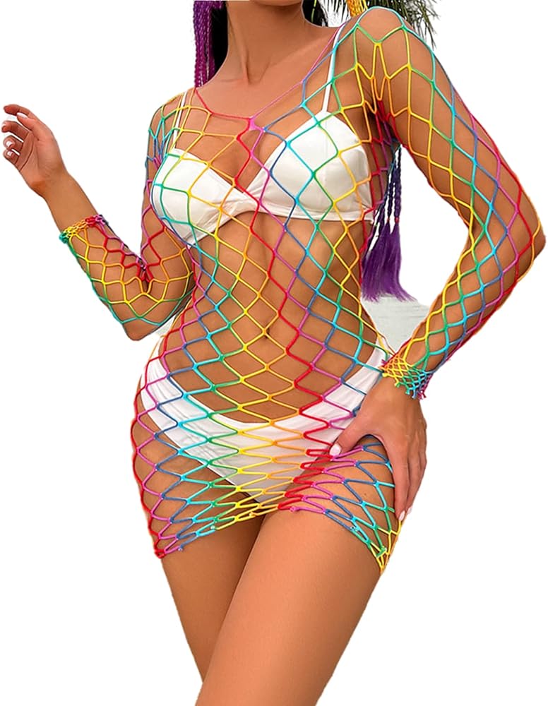 Women Rave Rainbow Striped Push Up Swimsuit Bikini See Through Mesh Bodysuit Beachwear for Dance Festivals