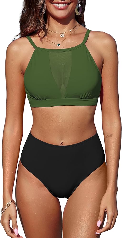 ZAFUL Women's Sheer Mesh Bikini Set High Waisted Tummy Control 2 Piece Tankini Swimsuit Bathing Suit