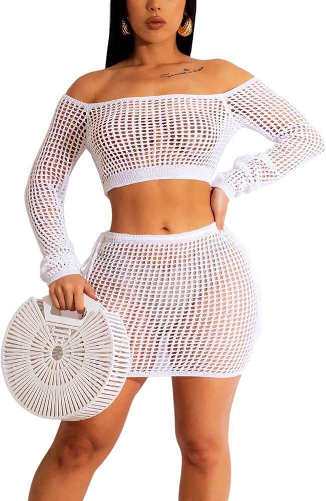 2 Piece Outfits Knitted Cover up Set Crochet Long Sleeve One Shoulder Hollow Top Drawstring Skirt Beach Cover up Set