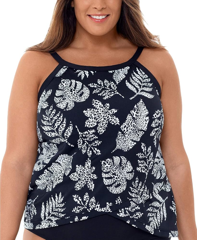 Spotted Leaves Plus Size Printed Cross-Over Tankini Top, US 24W