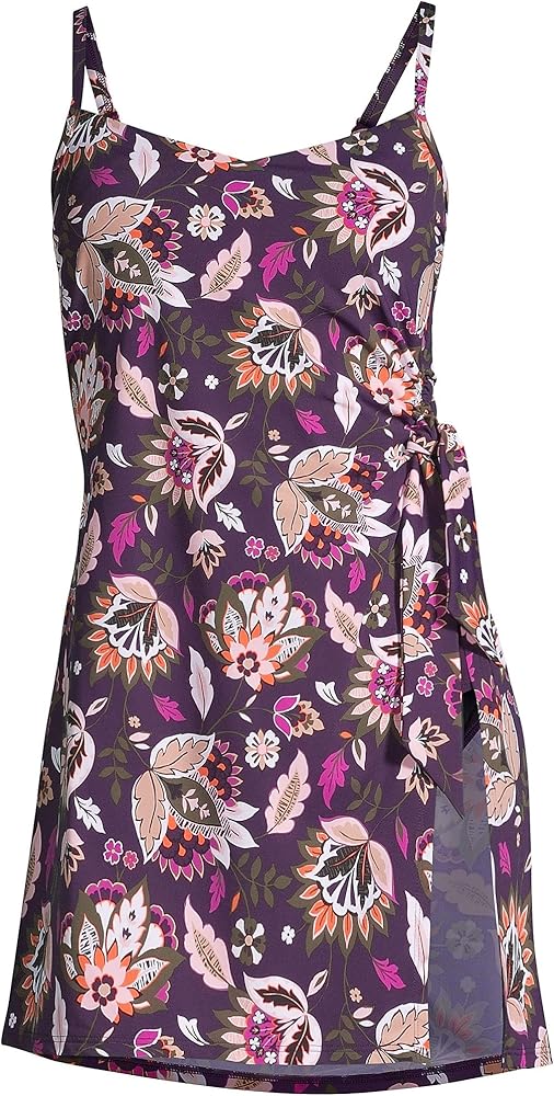 Lands' End Womens Chlorine Resistant Sweetheart Swim Dress BlackBerry Jacobean Regular 4