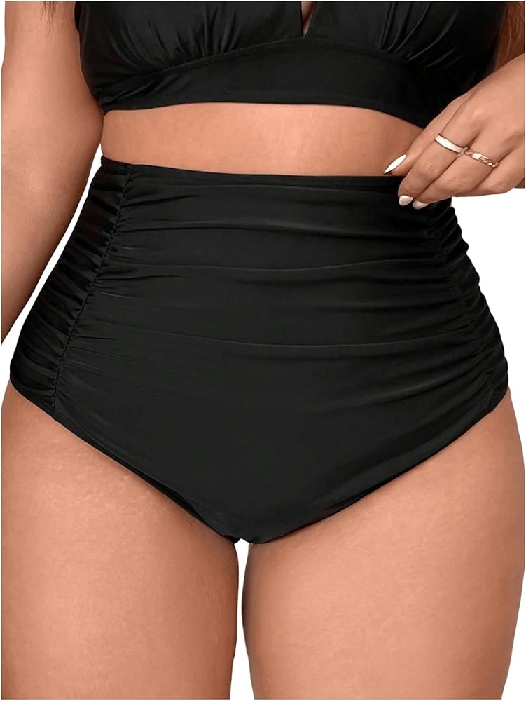 Floerns Women's Plus Size Ruched High Waisted Bikini Bottom