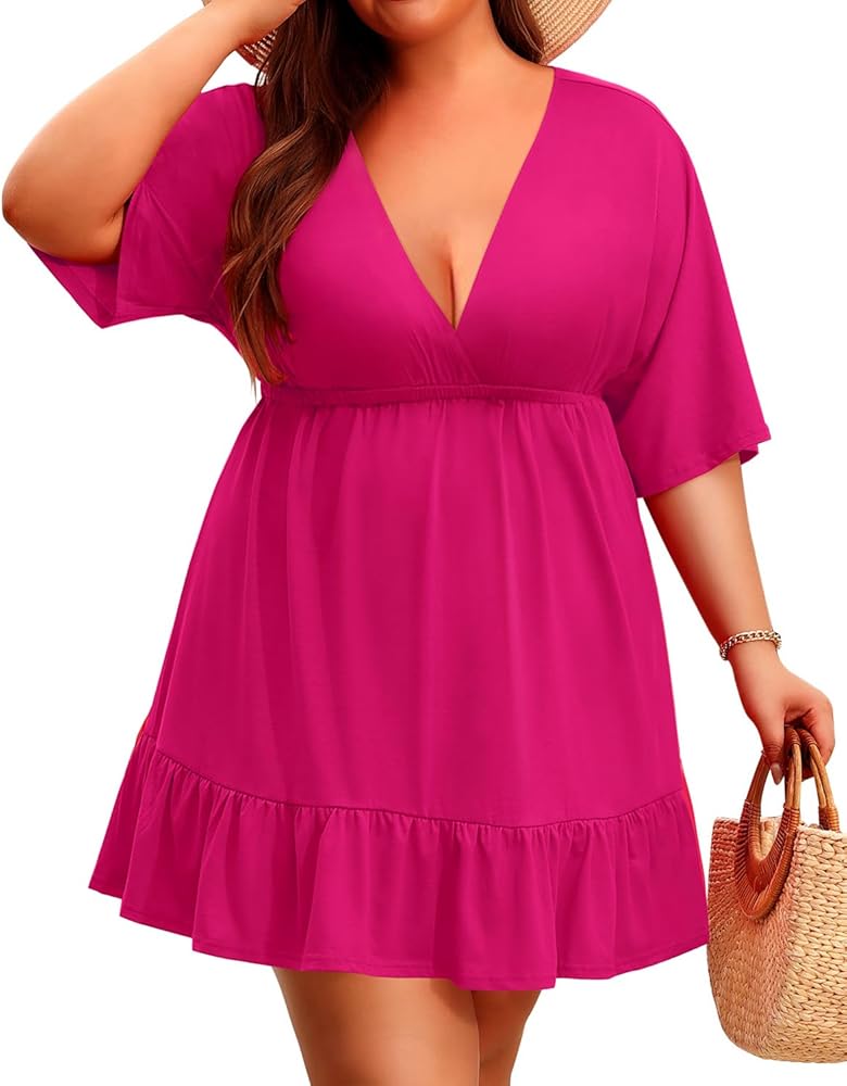 Daci Women Plus Size Swimsuit Cover Ups V Neck Bathing Suit Coverups Short Sleeve Beach Dress Swim Cover Up