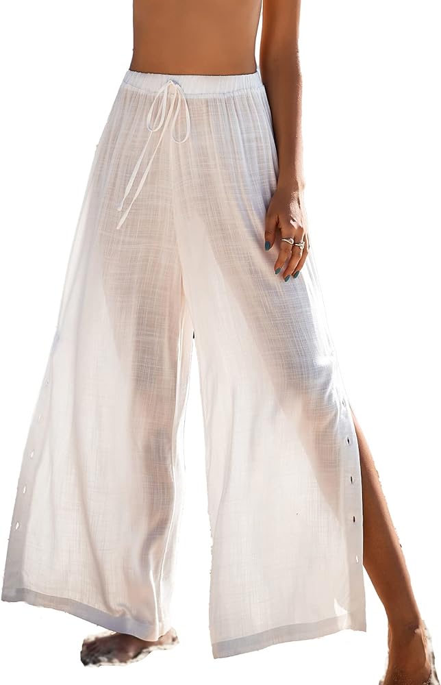 CUPSHE Women's White Sarong Beach Cover Up Wide Leg Elastic Waist Sheer