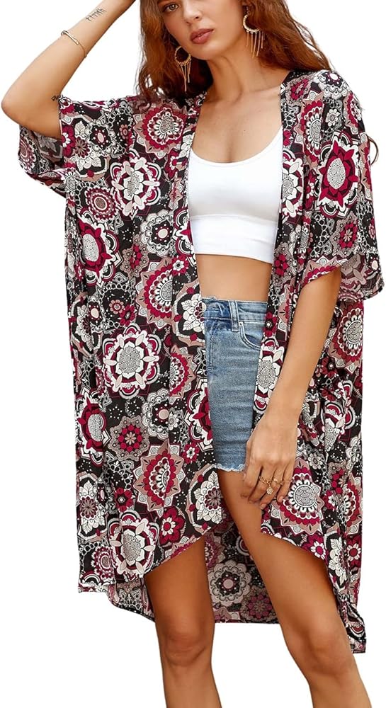 Bsubseach Women Open Front Bikini Swimsuit Cover Up Short Sleeve Floral Print Beach Kimono Cardigan