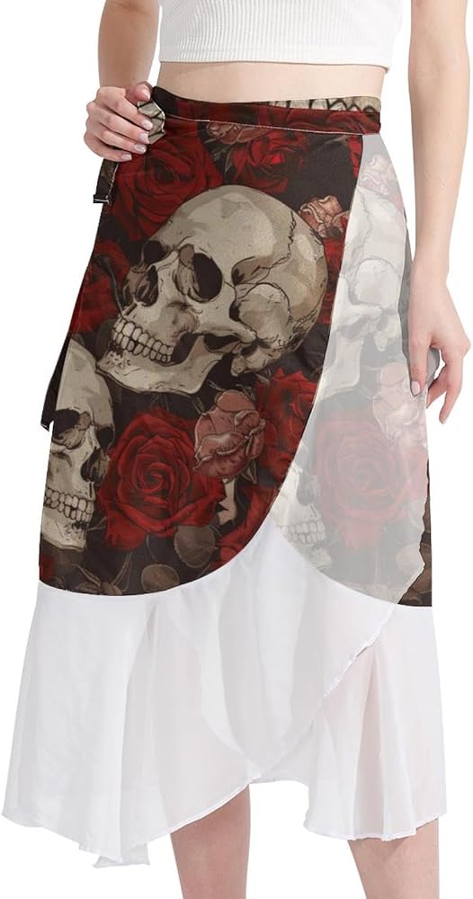 Beach Skirts for Women, Women Beach Sarong, Chiffon Cover Ups for Swimwear, Red Rose Flower Skull