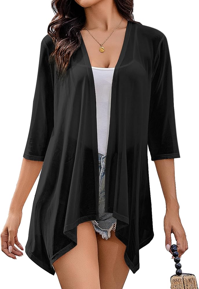 Totatuit Women's 3/4 Sleeve Sheer Cardigan Open Front Boho Kimono Loose Casual Coverups Beach Cover Up