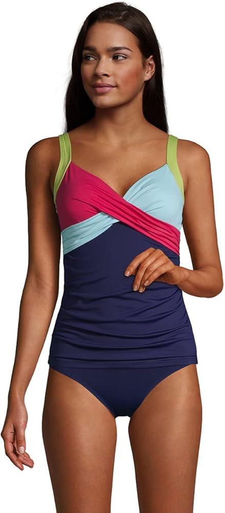 Lands' End Womens Chlorine Resistant Underwire Wrap Tankini Top Deep Sea Navy/hot Pink Mix Regular 8