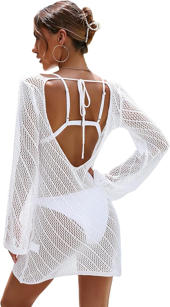 GORGLITTER Women's Crochet Cover Up Dress Long Sleeve Backless Tie Back Beach Coverups Swimsuit