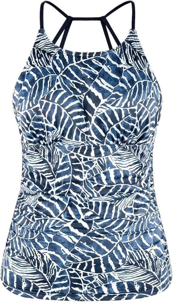 Cadocado Women's Tankini Top Strappy Back Bathing Suit Slimming Control Swimsuits Top Ruched Swimwear Top Only