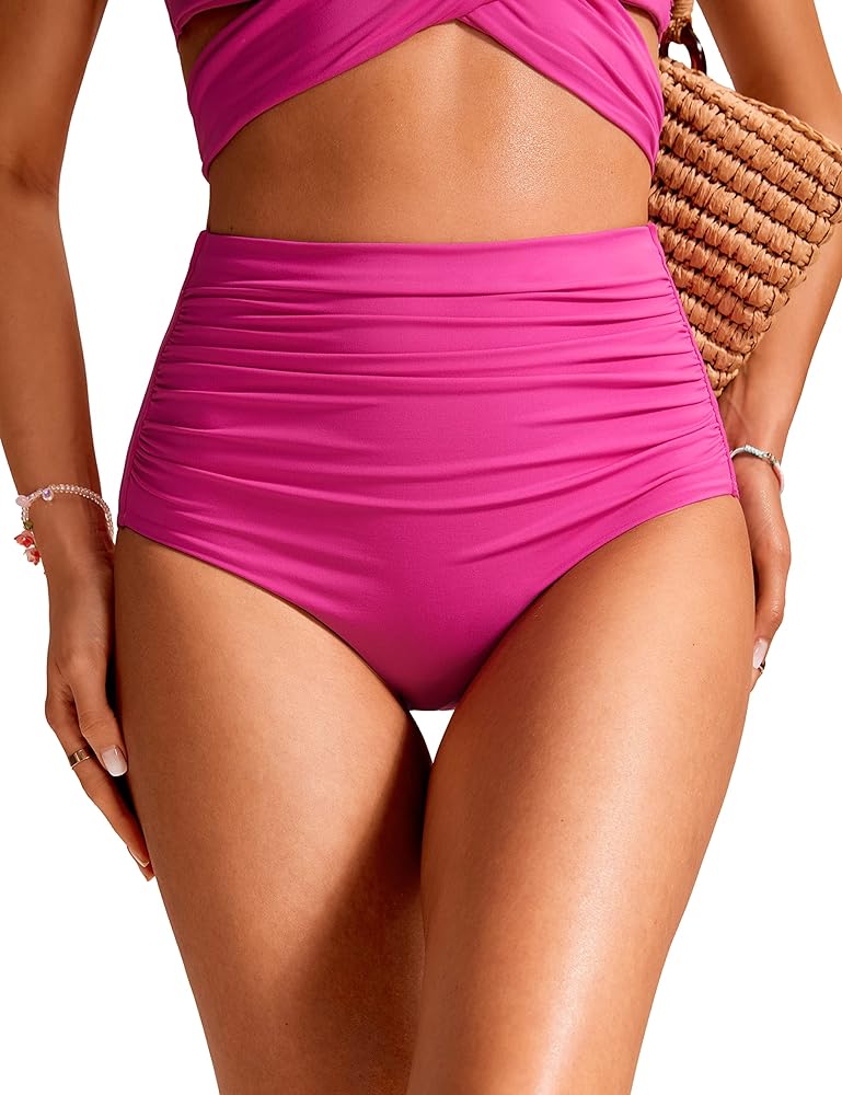 CRZ YOGA Womens High Waisted Ruched Bikini Bottom Tummy Control Swim Bottoms Retro Full Coverage Tankini Swimsuit Briefs