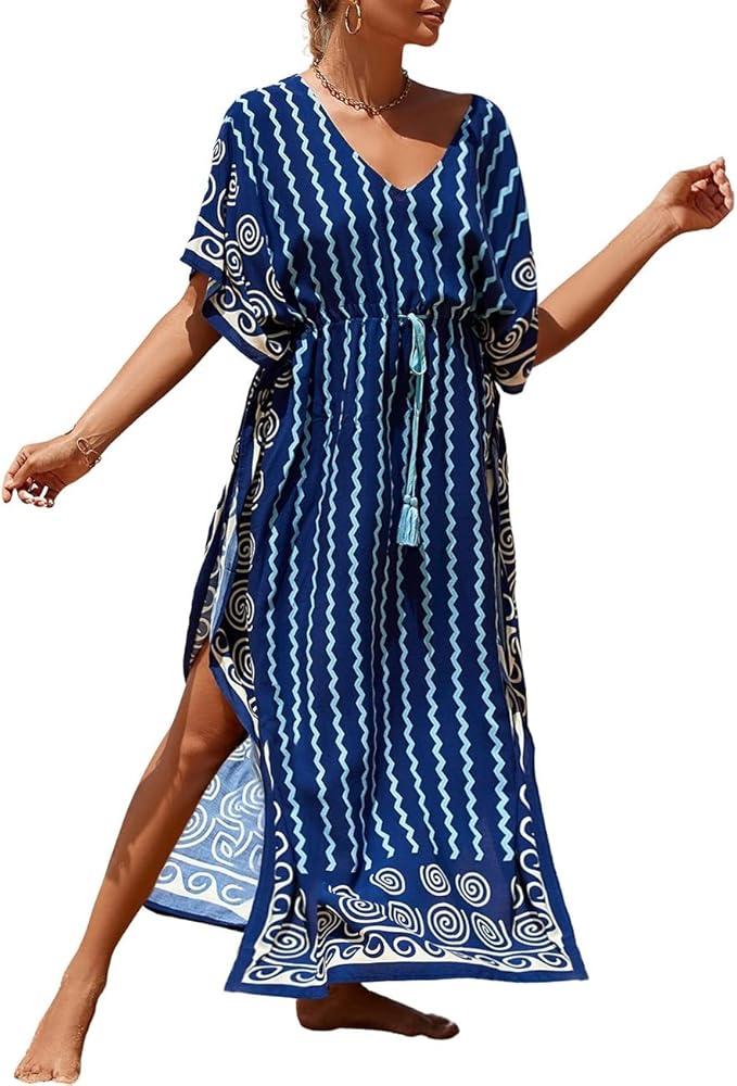 Bsubseach Plus Size Caftans for Women Long Kaftan Dresses Swimsuit Cover Up with Waist Drawstring Wavy Stripes