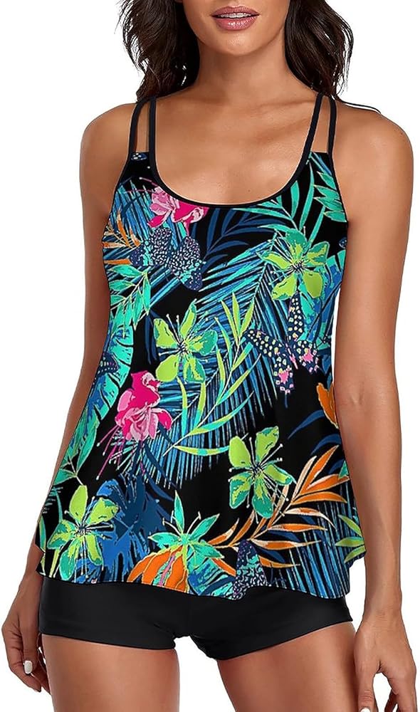 Tankini Swimsuit for Women Two Piece Tummy Control Bathing Suits Blouson Tankini Top with Sporty Boy Shorts