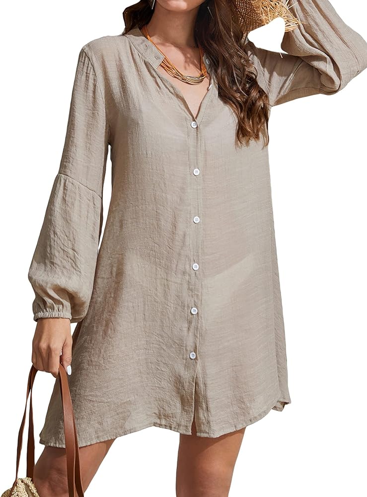 MakeMeChic Women's Beach Swimsuit Cover Up Long Sleeve Button Down Cover Up Shirt Dress