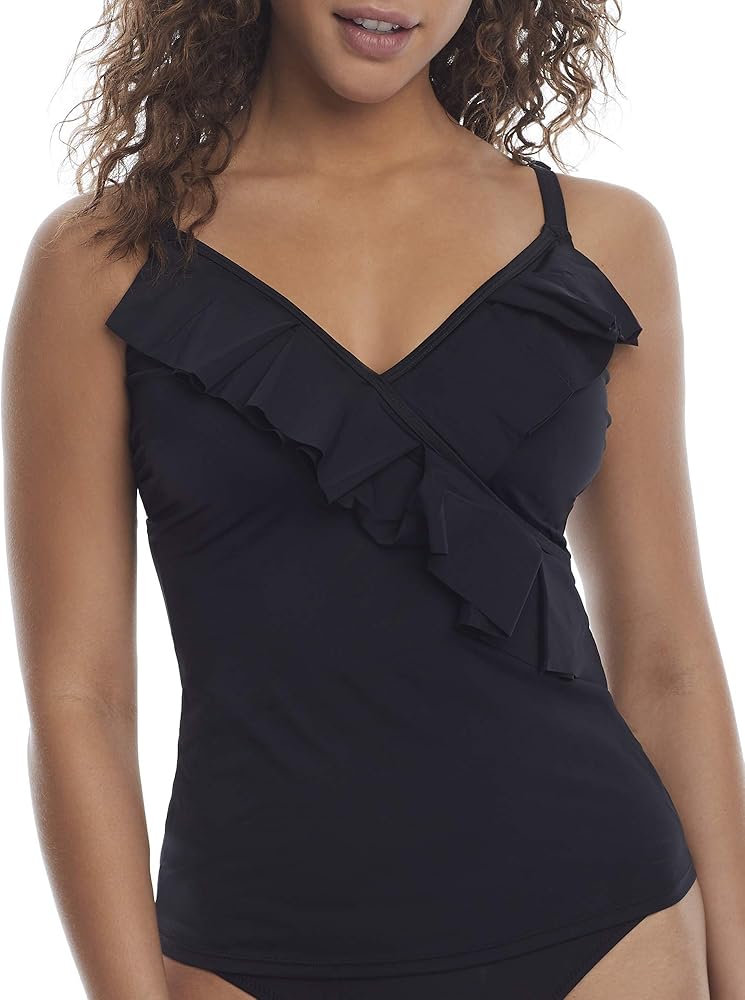 Pour Moi Space Ruffle Underwire Tankini Top, 38E, Black