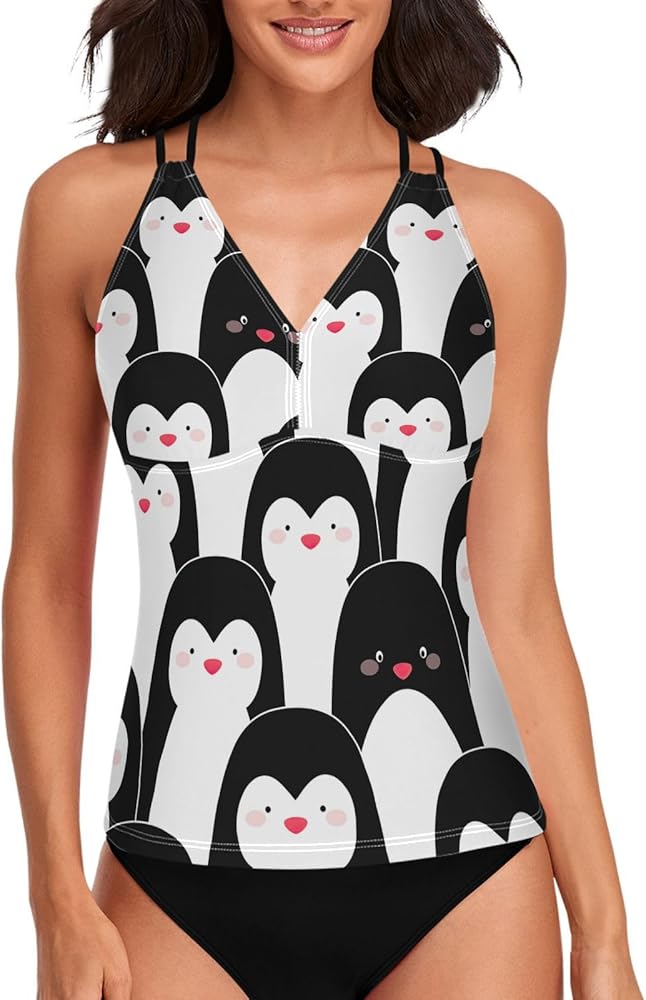 Penguins Womens Tankini Tops Only V Neck Tankini Swimsuits Tops Cross Back Tummy Control Swimsuits No Bottom