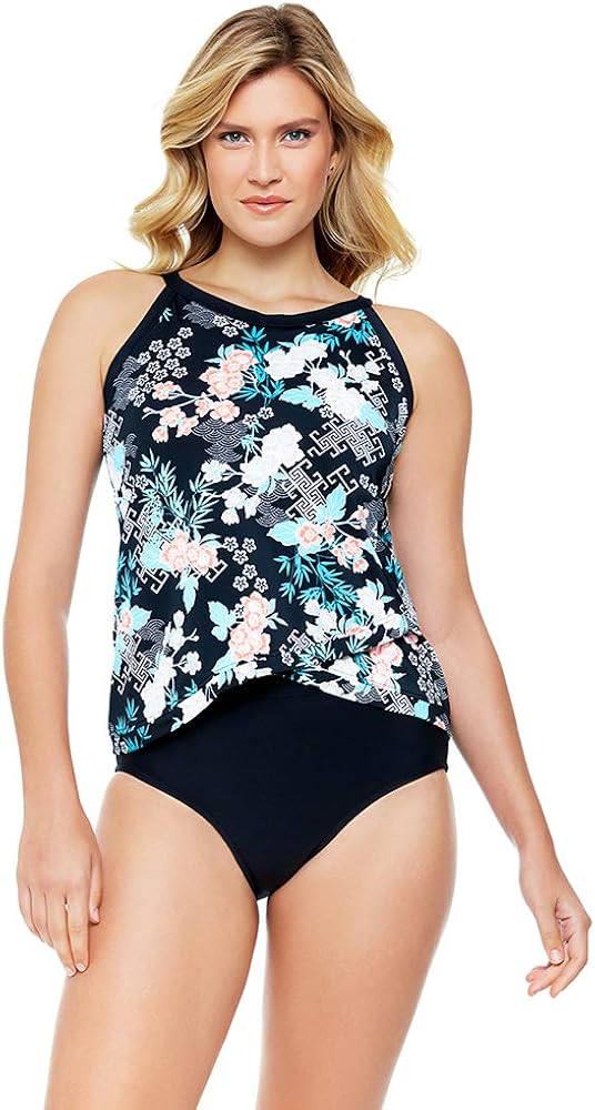 Penbrooke Women's Swimwear Secret Garden Crossover Soft Cup High Neckline Underwire Bra Tankini Top