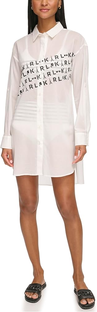 KARL LAGERFELD Women's Paris Logo Collared Swim Coverup