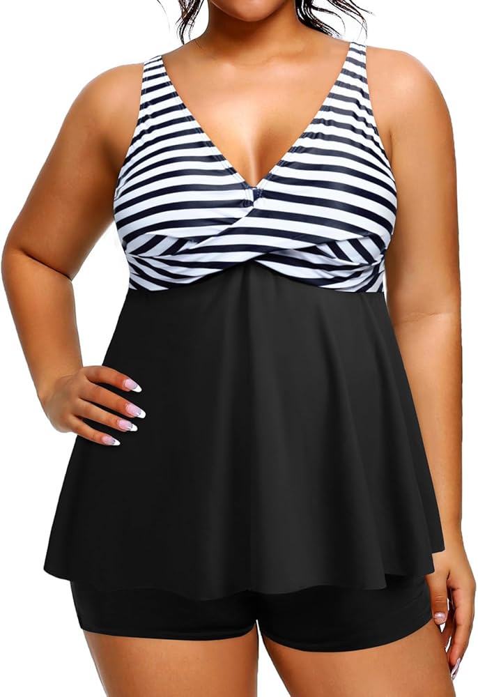 Holipick Womens Plus Size Tankini Swimsuits Two Piece Tummy Control Bathing Suits Flowy Tankini Top with Shorts