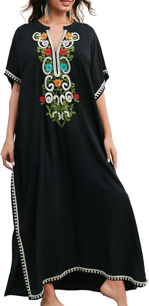 Bsubseach Kaftan Cover Ups for Swimwear Women Long Caftan Loungewear Embroidery Bathing Suit Cover Up Dress Black