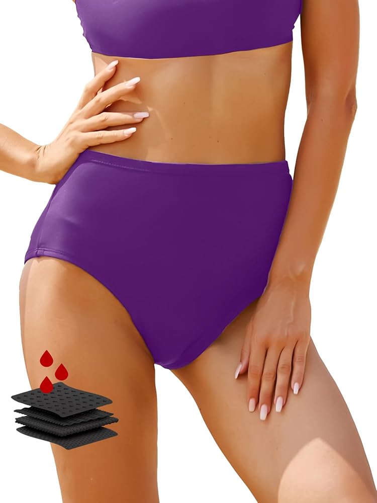 Period Swimwear-Menstrual Swimsuit Bikini Bottoms-High Waisted Leakproof Swim Bottoms for Teens Girls and Women. (as1, alpha, s, regular, regular, Deep Purple)