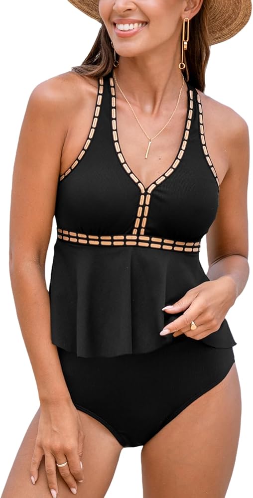 CUPSHE Women's Tankini Sets Two Piece Swimsuits High Waisted V Neck Ribbed Texture Adjustable Straps Ruffled