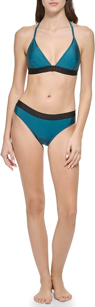 Calvin Klein Women's Standard Removable Soft Cups Bottom Fabric Halter Tie Bikini Top 2 Piece Set, Cypress Shimmer