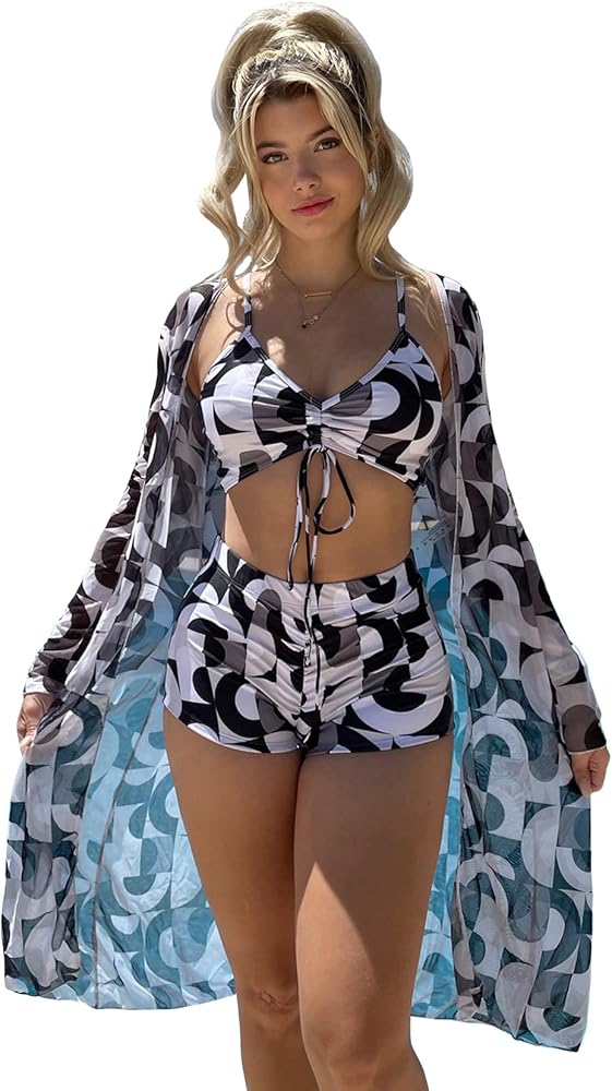 OYOANGLE Women's 3 Piece Printed Drawstring Ruched Shorts Bikini Swimsuit with Cover Up Kimono