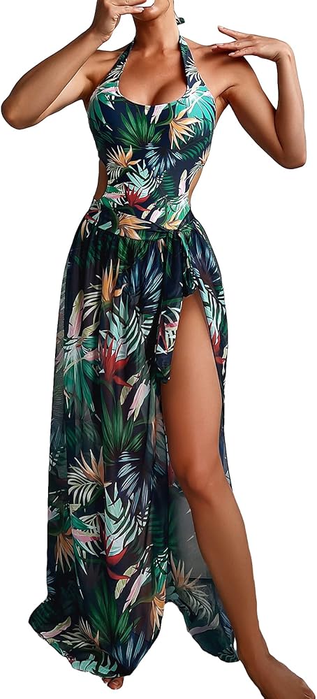 Verdusa Women's Tropical Print Cut Out Halter Beach Swimsuit with High Split Maxi Skirts