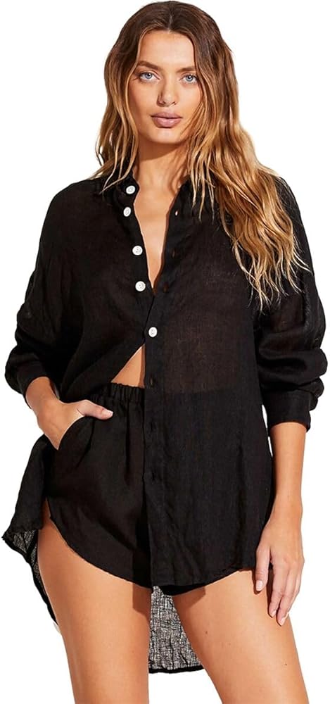 Vitamin A Women's Playa Linen Boyfriend Shirt Swimsuit Cover Up