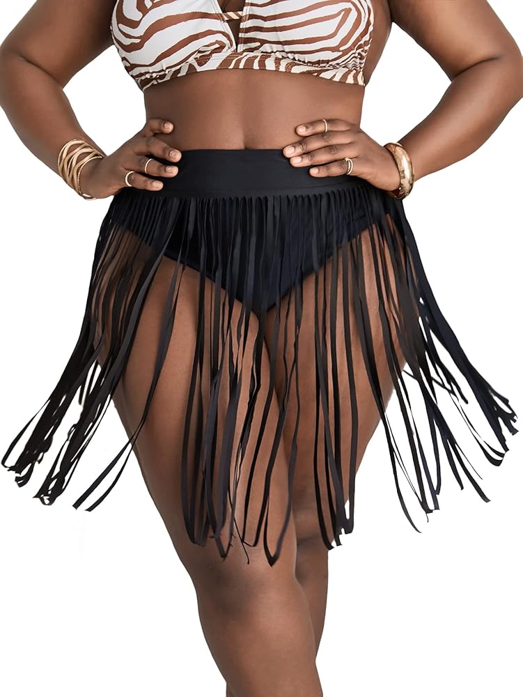 WDIRARA Women's Plus Size Fringe Hem High Waist Cover Up Beach Skirt Swimwear