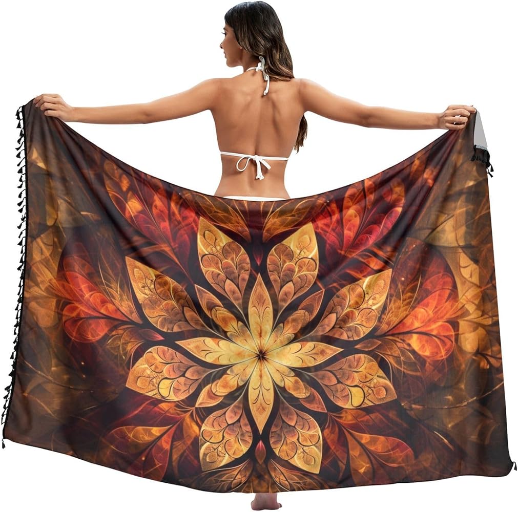 Bright Abstract Floral Women's Swimwear Cover Ups Plus Size Beach Bikini Sarong Wraps with Tassel,L