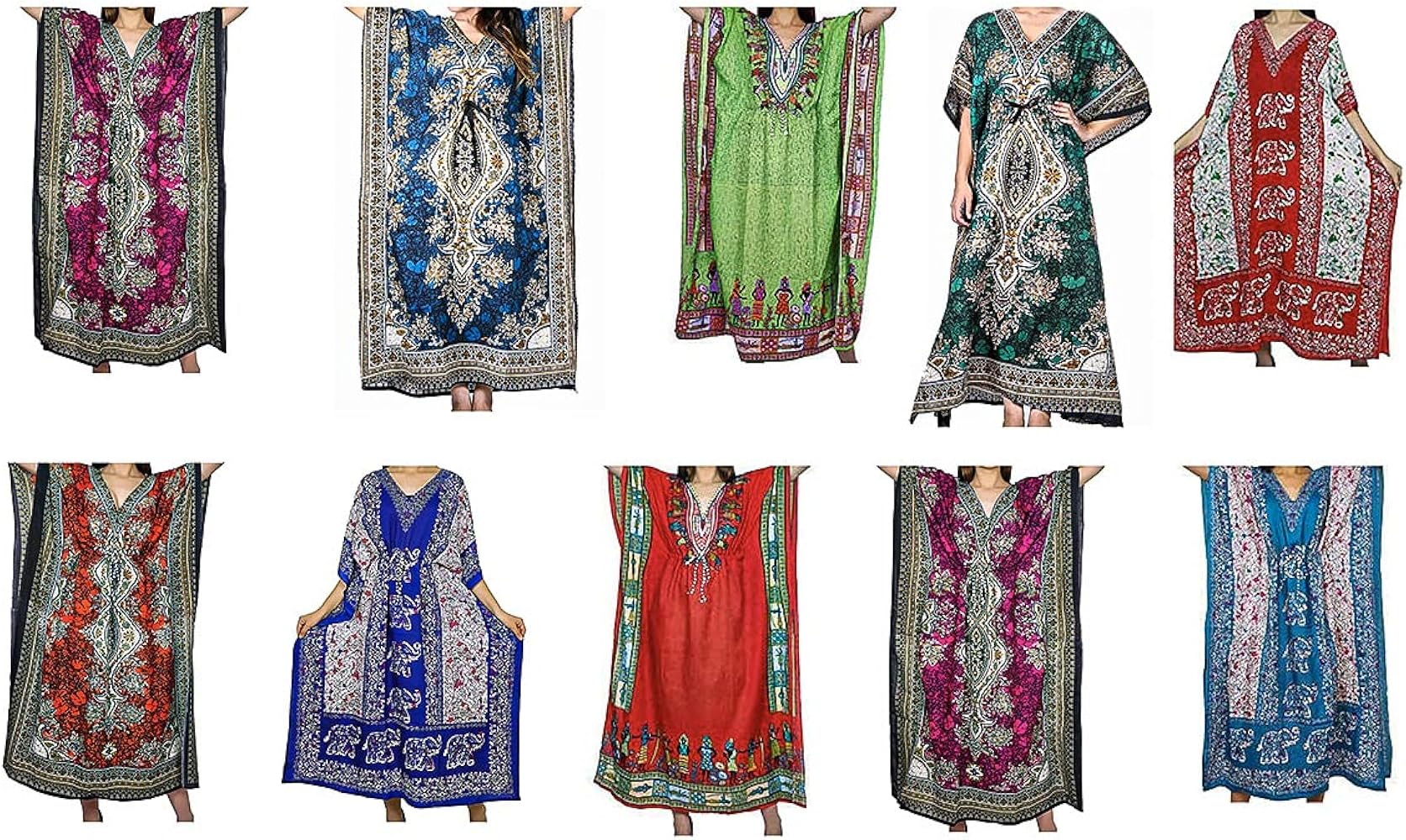 Sahiba Handiicraft India LOT of 2 to 150 Pcs Assorted Color and Design Silk Mix Kaftan, Home Wear Comfortable Kaftan Dress (as1, Alpha, one_Size, Regular, Regular, Pack of - 15)