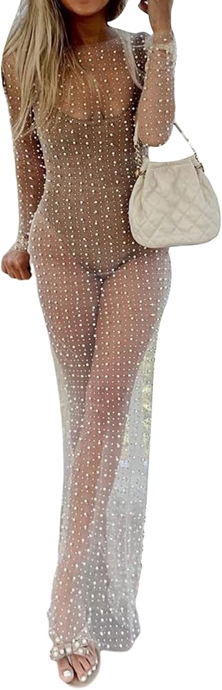 Bowanadacles Women Long Sleeve Bikini Cover Up Dress with Pearl Decoration See Through Skinny Bathing Suit Cover Ups