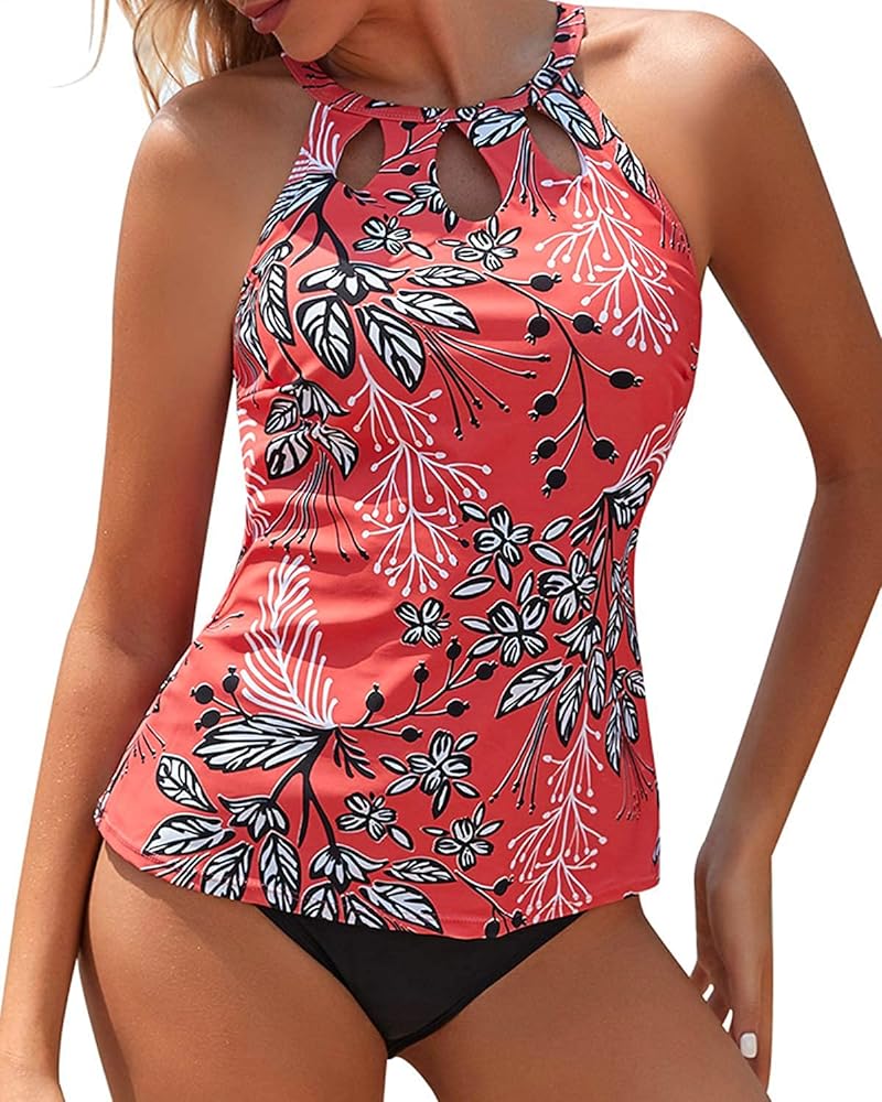 Yonique Two Piece High Neck Tankini Swimsuits for Women Tummy Control Bathing Suits Floral Print Swimwear