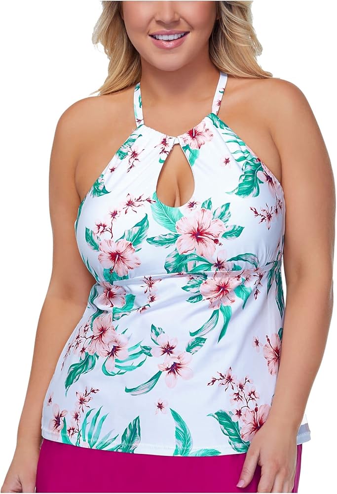 Women's White Floral Underwire Removable Cups High Neck Tankini Swimsuit Top 14W