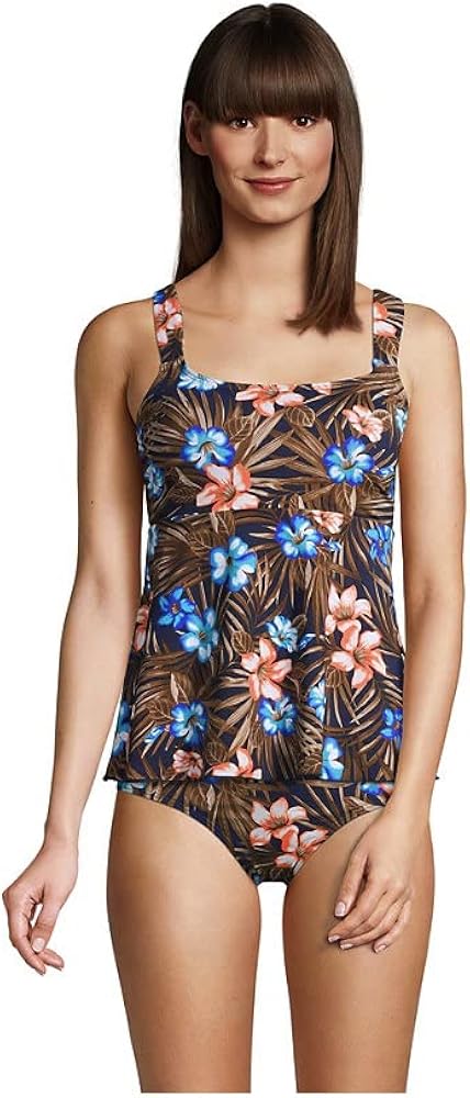 Lands' End Womens Chlorine Resistant Flutter Scoopneck Tankini Top Deep Sea Navy Tropic Palm Regular Large