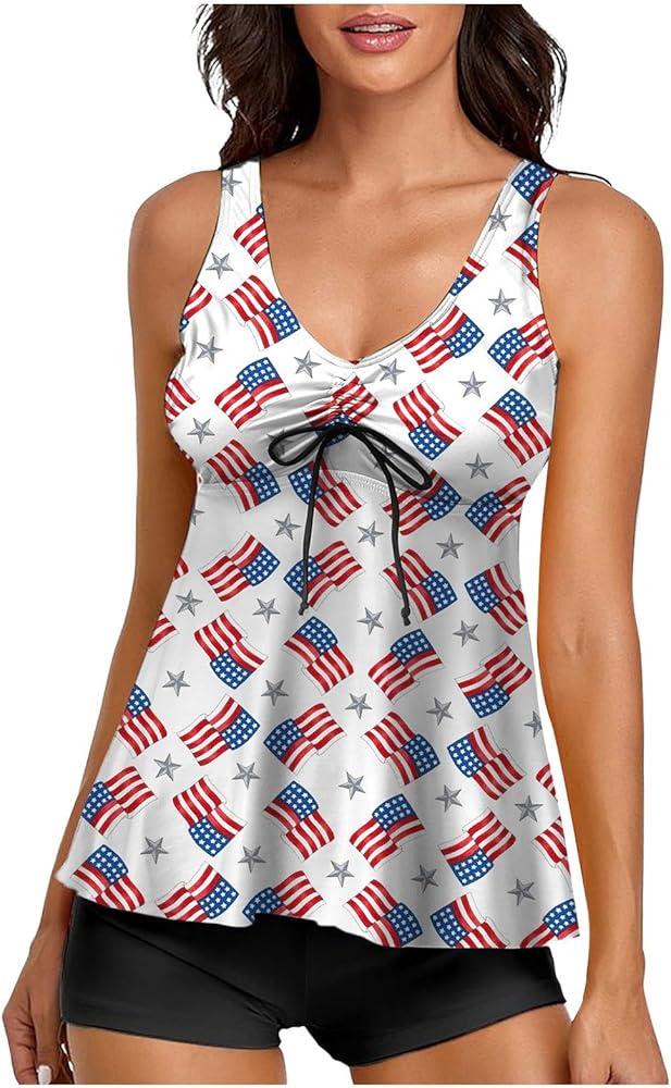 Women's 4th of July Plus Size Tankini Athletic Swimwear Patriotic Flowy Swim Dress with Shorts Tankini Swimsuits Red Blue White Stars Stripes Print Womens Tankini White XX-Large