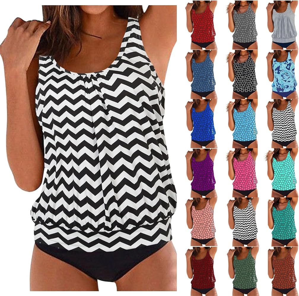 2 Piece Bathing Suits For Women High Waisted Shorts Push Up Print Tankini Swimsuits Modest Loose Tank Tops Swimwear