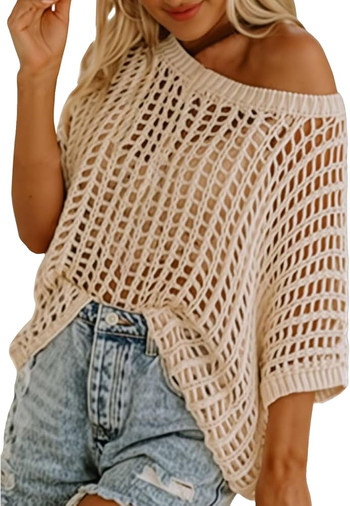 Crochet Tops for Women Summer Scoop Neck Off Shoulder Sweater Beach Coverup Short Sleeve Hollow Out Knit Pullover Top