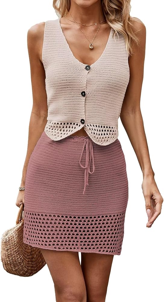 IyMoo Womens Sexy 2 Piece Dress Skirts Sets Outfits Strap Crochet Crop Top Bodycon Skirts Party Beach Dress Sets