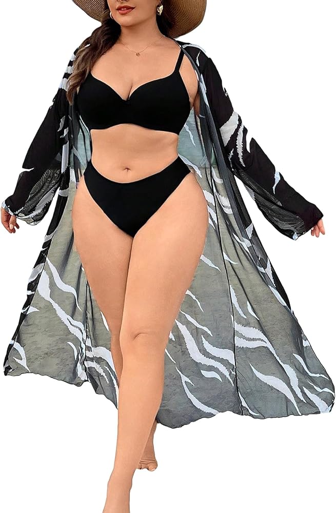 MakeMeChic Women's Plus Size Graphic Print Open Front Kimono Beachwear Long Sleeve Loose Fit Cover Up Swimwear