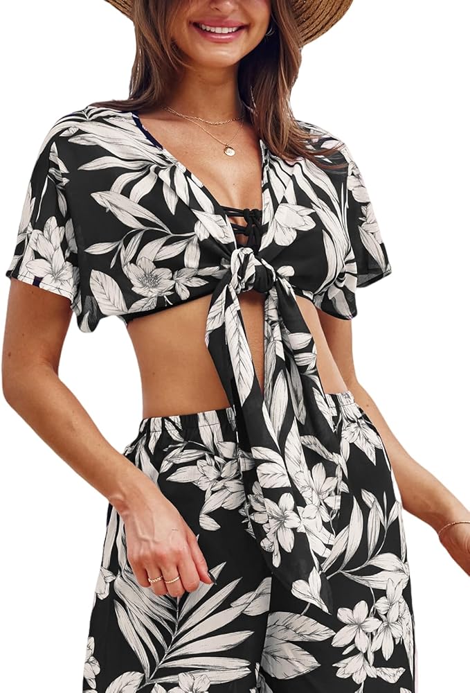 CUPSHE Women's Swimsuit Cover Up Tops Self Tie Kimono Dolman Sleeves Beach Wear Tropical 2024