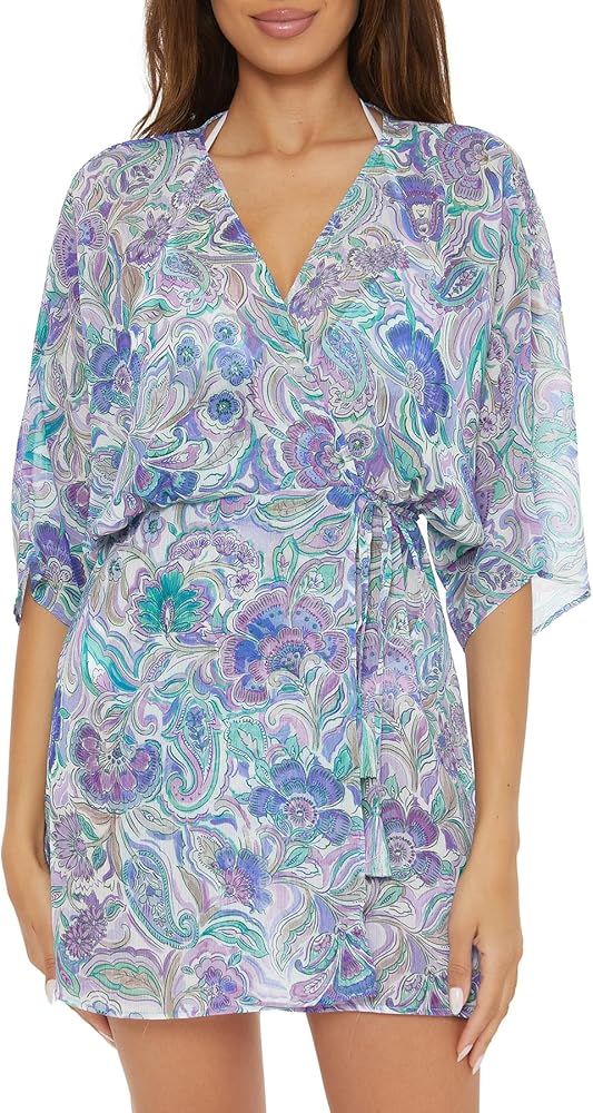 BECCA Women's Standard Mystique Woven Tunic, Floral Print, Beach Cover Ups