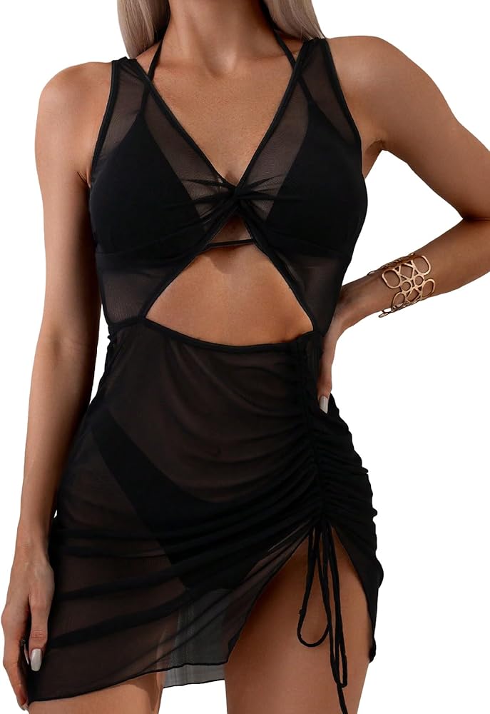 MakeMeChic Women's Cut Out Sheer Mesh Bikini Cover Up V Neck Sleeveless Drawstring Side Coverups