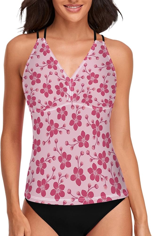 Red Cherry Blossom Womens Tankini Tops Only V Neck Tankini Swimsuits Tops Cross Back Bikini Tops No Bottom