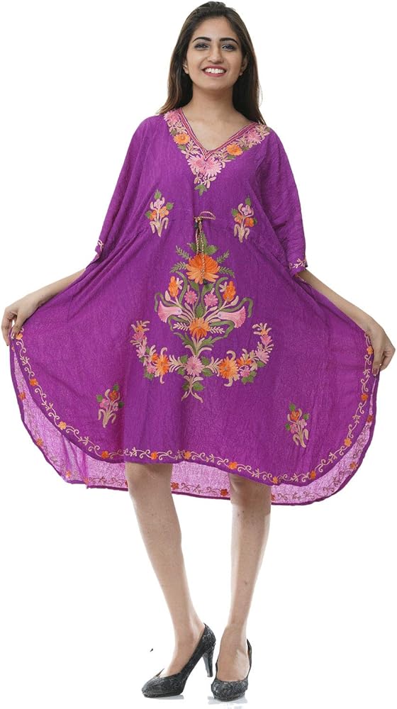 Womens Cotton Kashmiri Kaftan Embroidered Short Length Dress Beach Cover UP