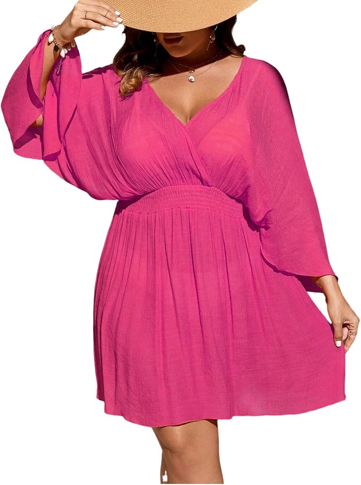 XAKALAKA Womens Plus Size Solid Swim Cover Up Dress Batwing Sleeve Beach Bathing Suit Coverup Dress